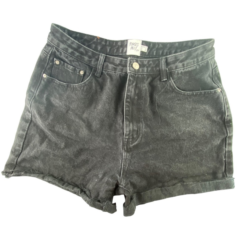 Princess Polly black faded denim cutoff raw hem high shorts, 14